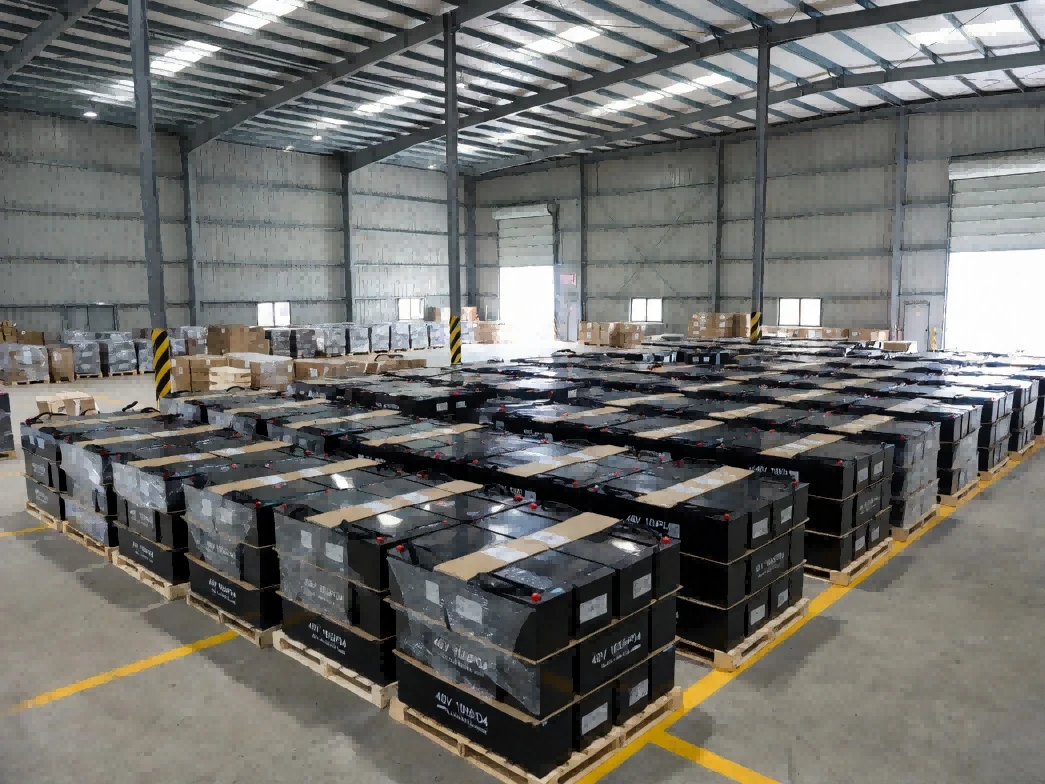 Domestic wholesale warehouse storing 48V 105Ah LiFePO4 golf cart batteries for dropship distribution model