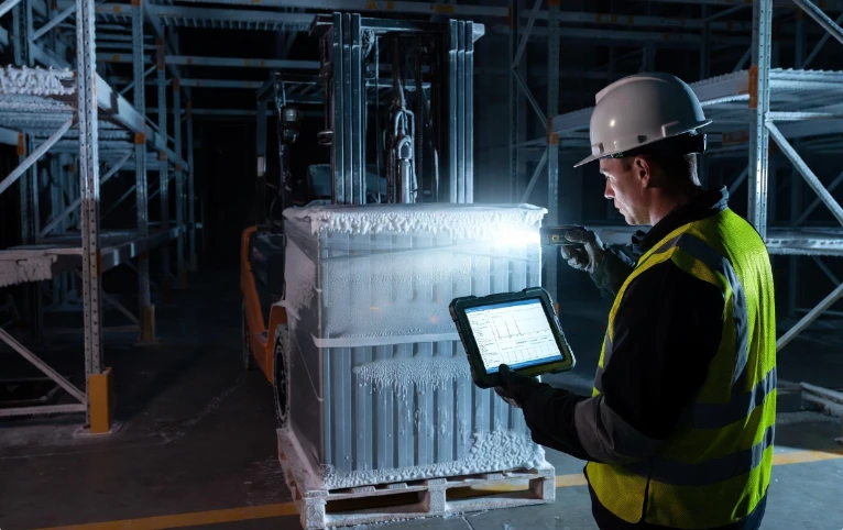 Cold-chain warehouse operator inspecting a 48V 600Ah LFP lithium-ion forklift battery during a power outage, highlighting the importance of BMS data logs in warranty claims